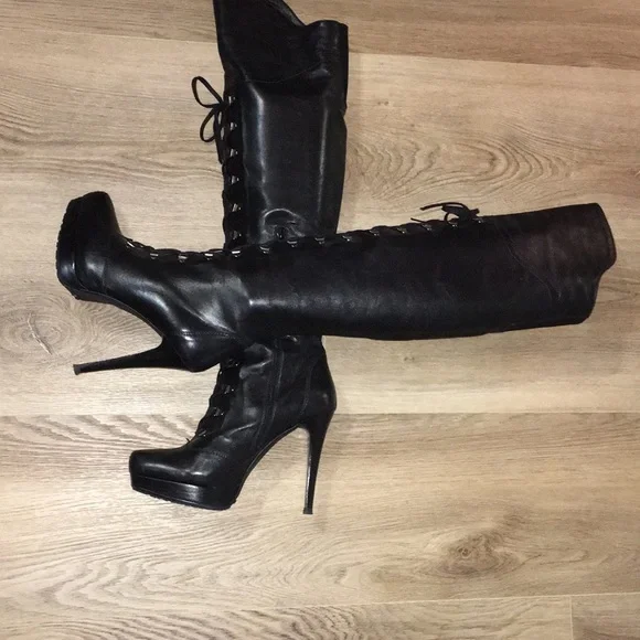 - STUART WEITZMAN BLK OVER THE KNEE SOFT REAL LEATHER LACED TIE UP PLATFOR…